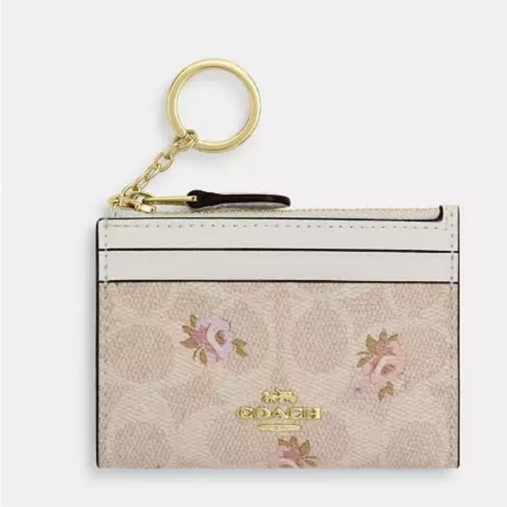 Coach Floral Key & Card Holder - Cream and Gold